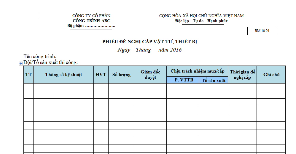 Phiếu đề nghị cấp vật tư, thiết bị